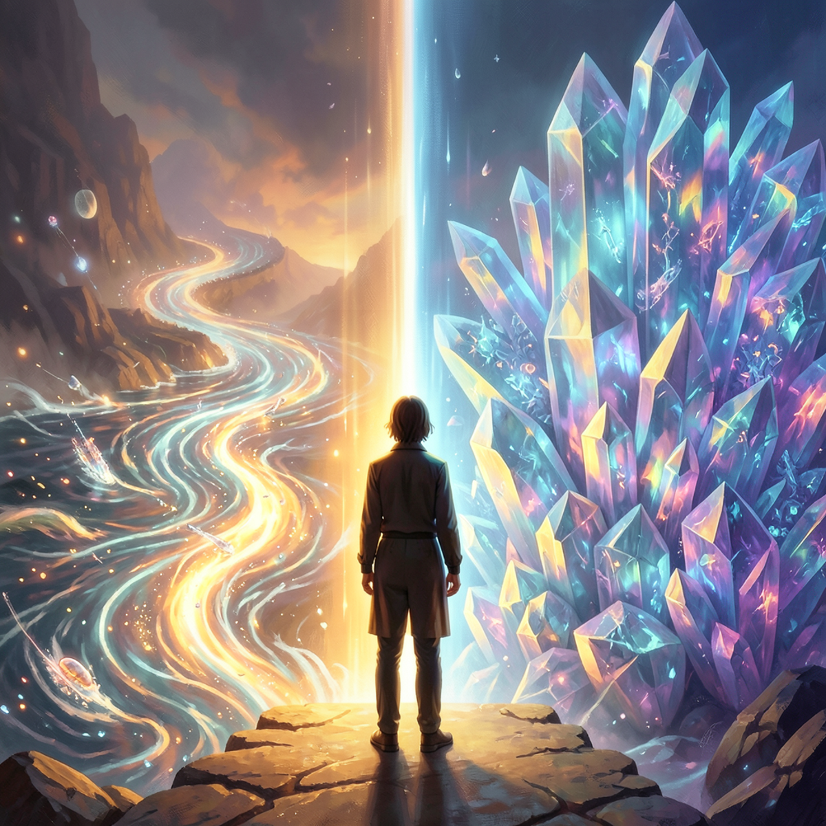 A single figure standing at a glowing threshold between two visions of time: on one side a dynamic river of moments flowing past, on the other a vast static crystalline structure holding all moments at once, warm and cool tones meeting at the center