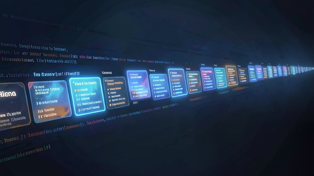 A long horizontal ribbon of glowing timestamped entries stretching into the distance, each entry a luminous card ordered in sequence, none of them highlighted as more present than the others, evoking a log file as a block of coexisting events