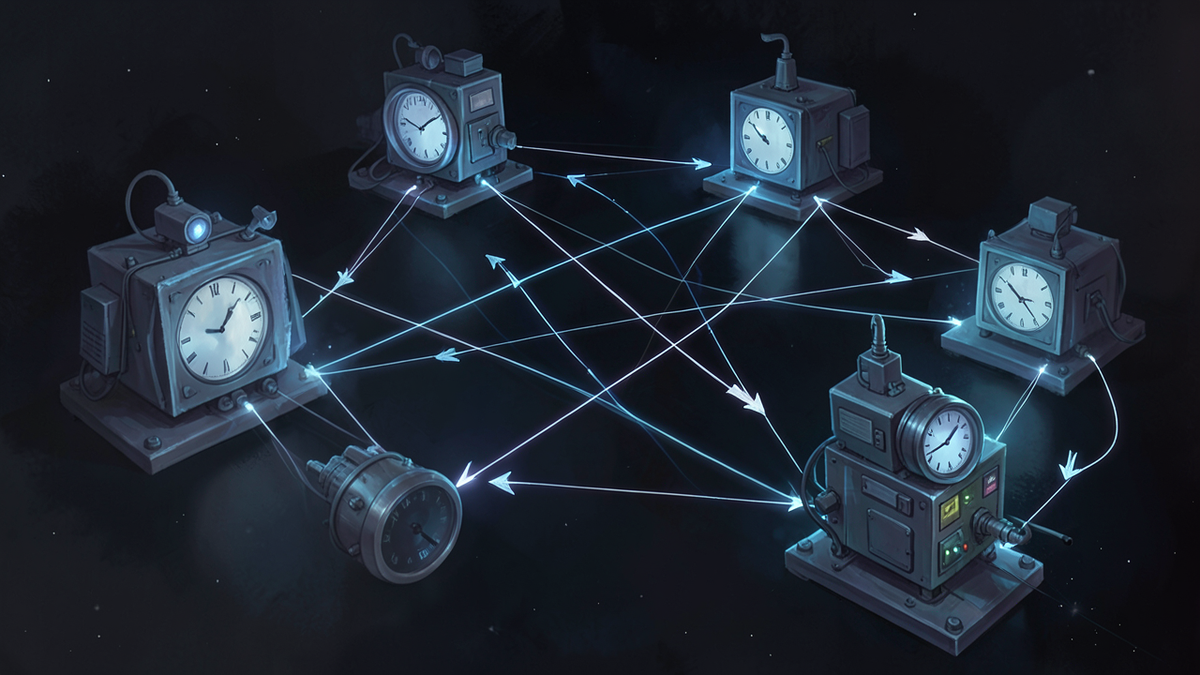 Several separate machines connected by threads of light across a dark space, each machine showing a slightly different clock face, no single clock agreed upon, arrows of causality linking events between them
