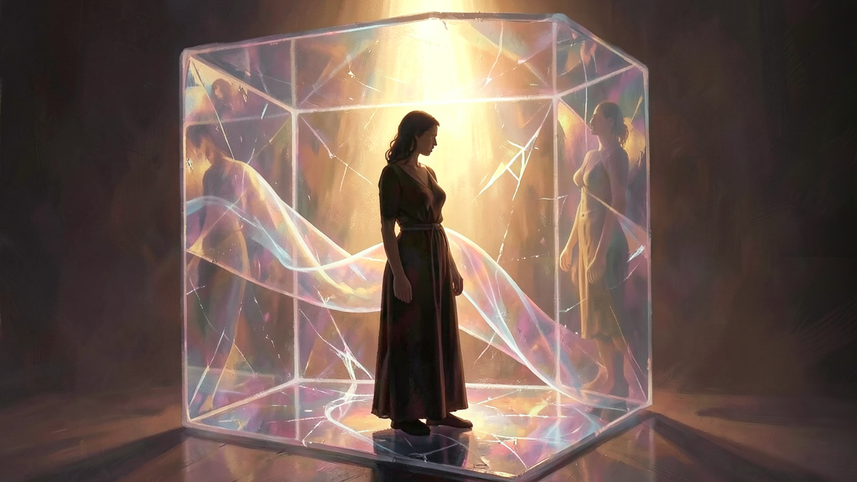 A human silhouette viewed from within a four-dimensional crystalline block, the figure's past and future selves faintly visible as a continuous frozen ribbon through the structure, contemplative and serene, warm light suffusing the whole