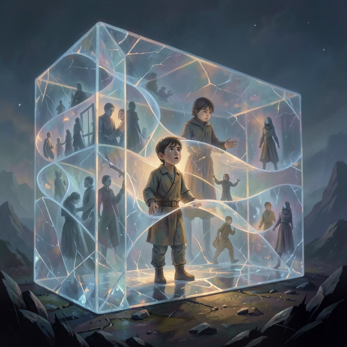 A vast static crystalline block containing a human life frozen as a continuous ribbon of moments, while a single small figure inside gazes outward with an expression of doubt, questioning whether anything within the structure truly happens, cool tones with a faint warm glow