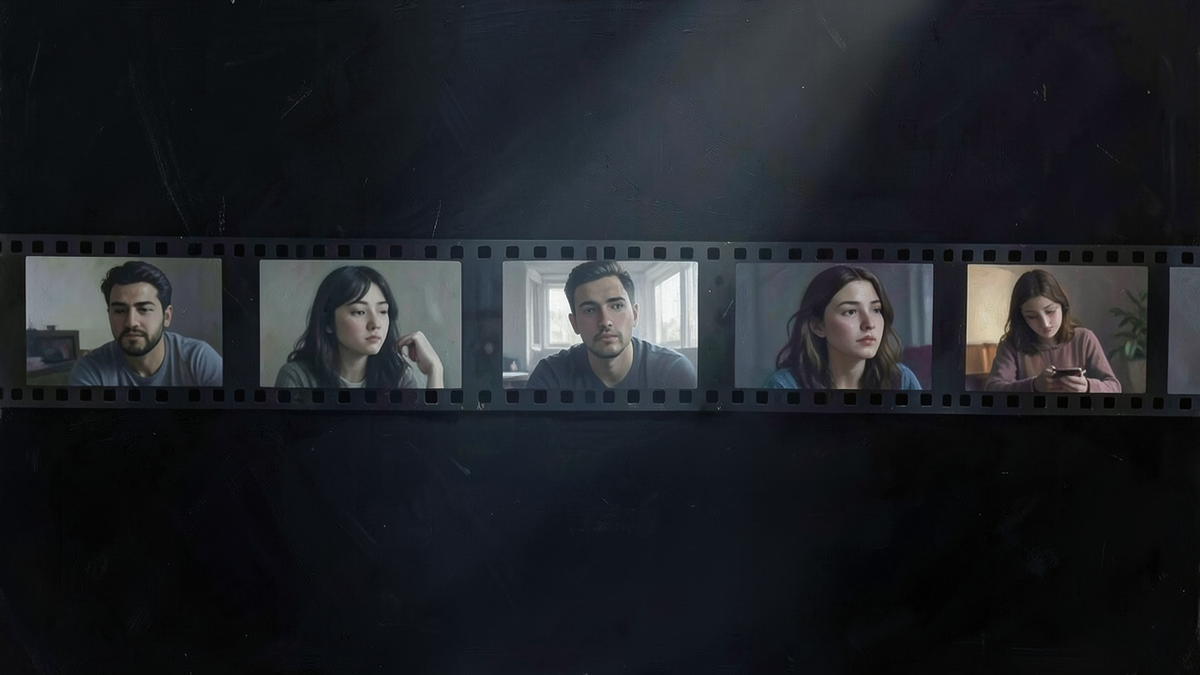 A strip of film reel stretched across a dark space, each frame holding a frozen moment of a life, coexisting motionless on the reel, with no projector and no beam of light to make the movie play, symbolizing structure without occurrence