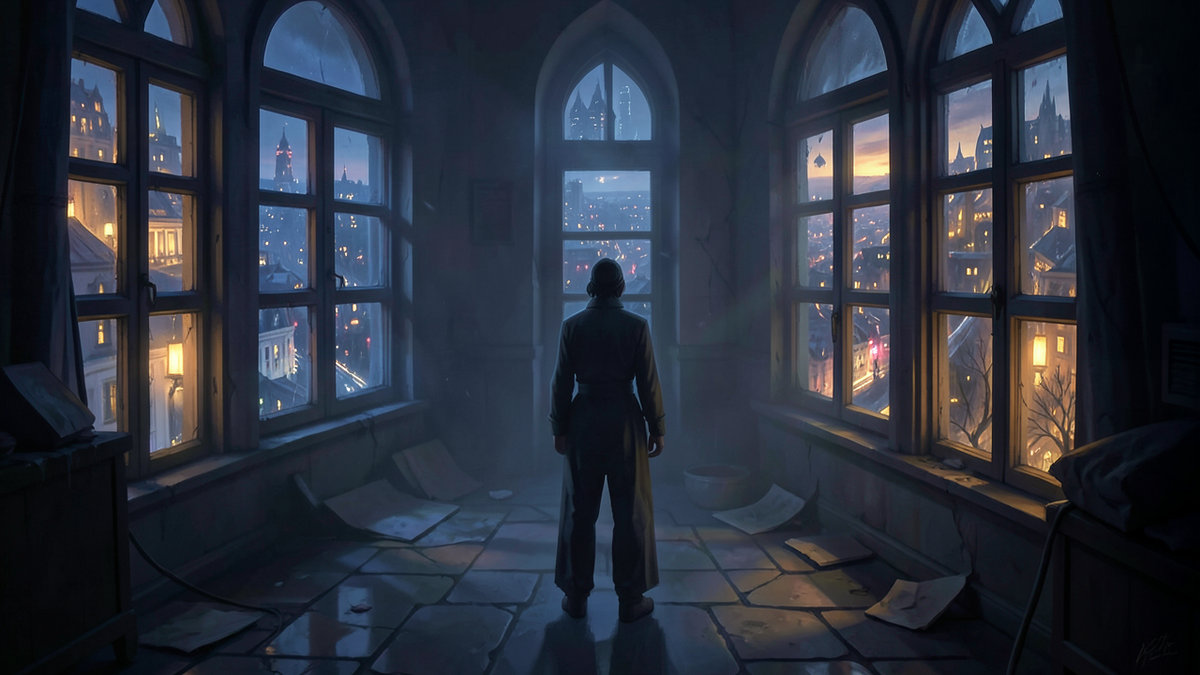 A figure standing at a point able to see many distant places at once through glowing windows, but the same figure unable to see any other time, the temporal directions fading into darkness, illustrating that we have access to other places but not other times