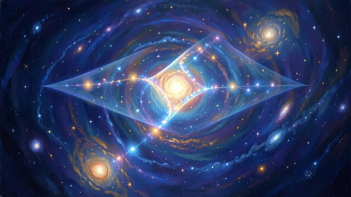 A luminous double light cone in spacetime, with points of becoming lighting up locally along a single winding worldline threading through it, rather than a single flat universal plane of the present, cool blues and warm accents