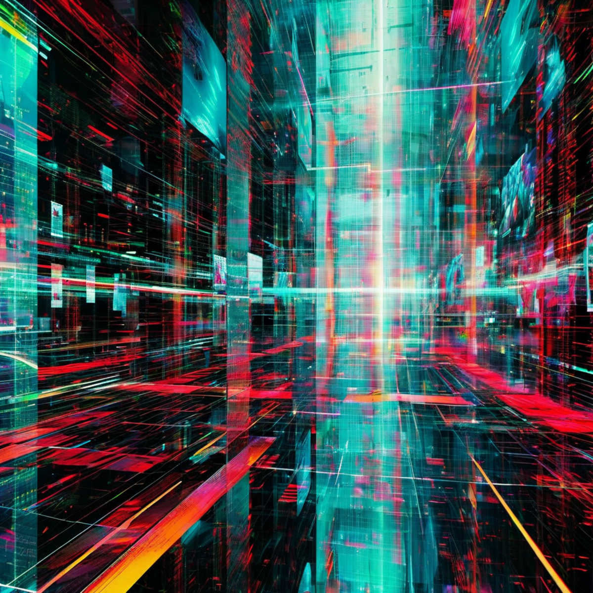 Abstract visualization of digital manipulation and glitching reality, showing fragmented video screens and distorted media representing deepfake technology and synthetic media