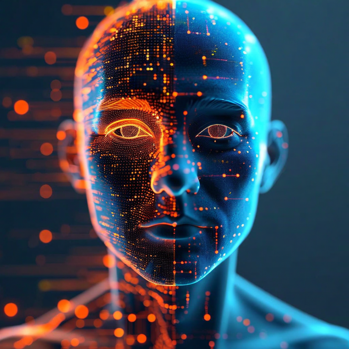 Abstract visualization of digital twins showing dual identity between digital and physical self