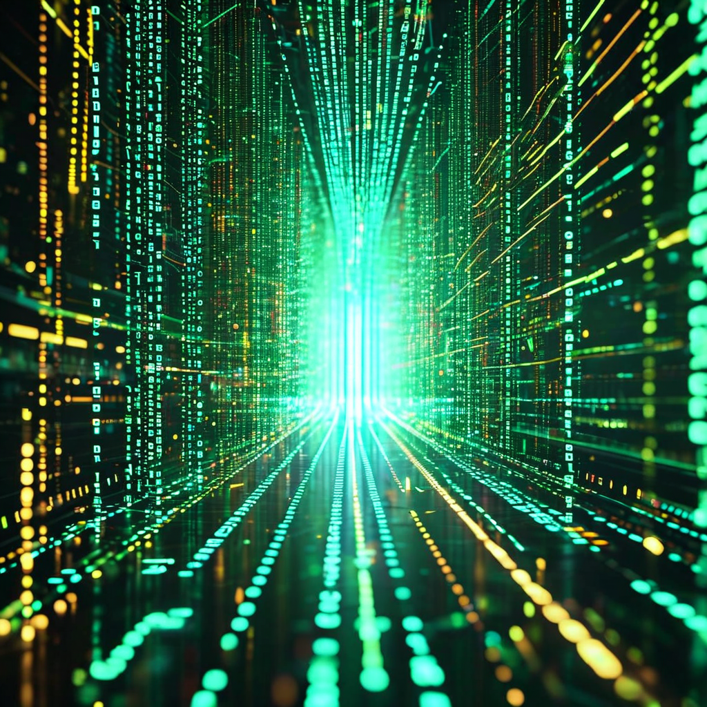 Abstract visualization of the simulation hypothesis, showing nested digital realities, matrix-like code, and the question of whether our universe is a computer simulation