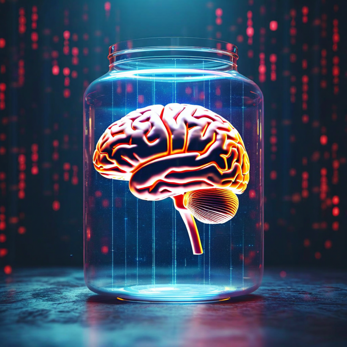 Abstract visualization of a brain in a vat connected to wires, representing Descartes' evil demon thought experiment and the simulation hypothesis