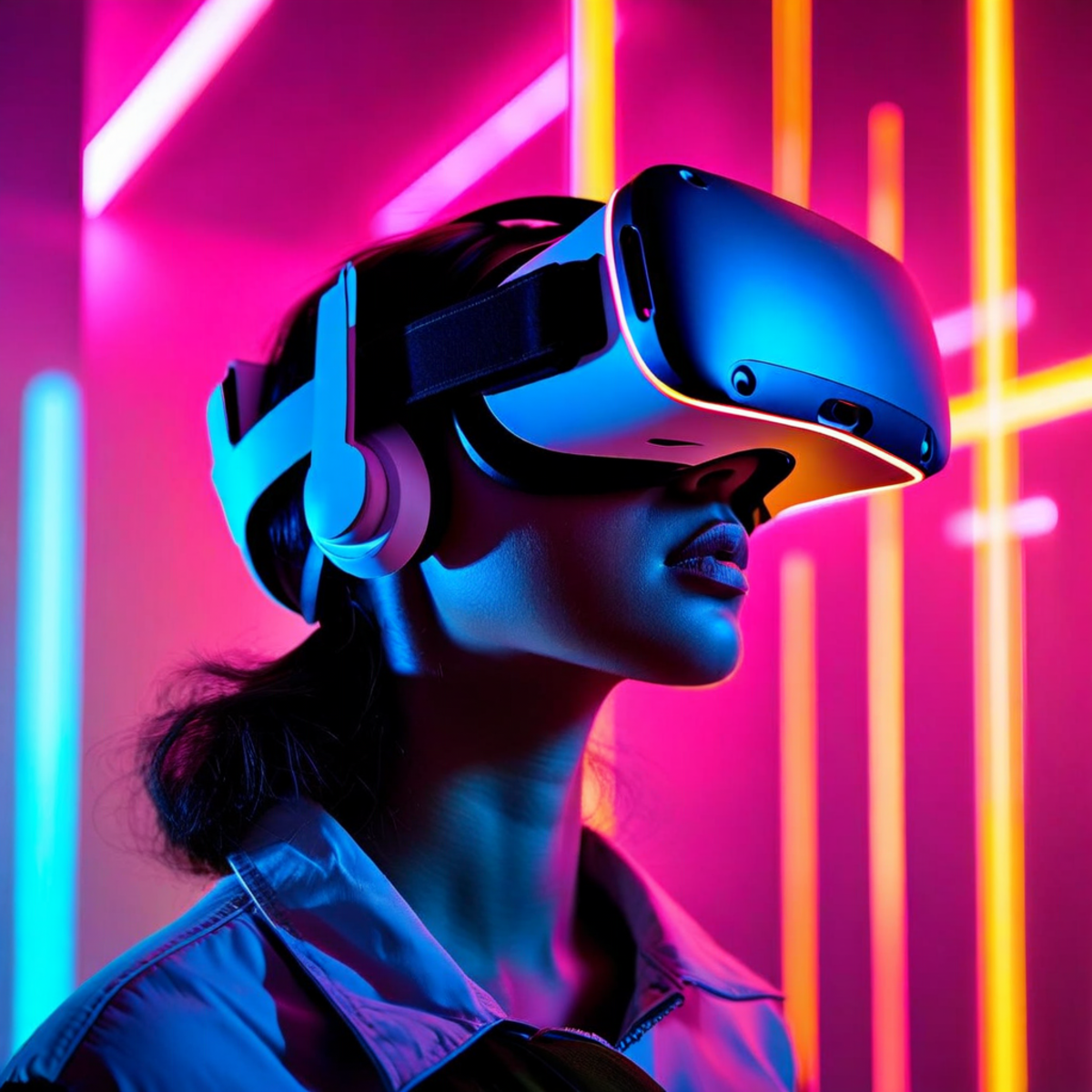 Abstract visualization of virtual reality and the metaverse, showing immersive digital worlds and the blending of physical and virtual experiences