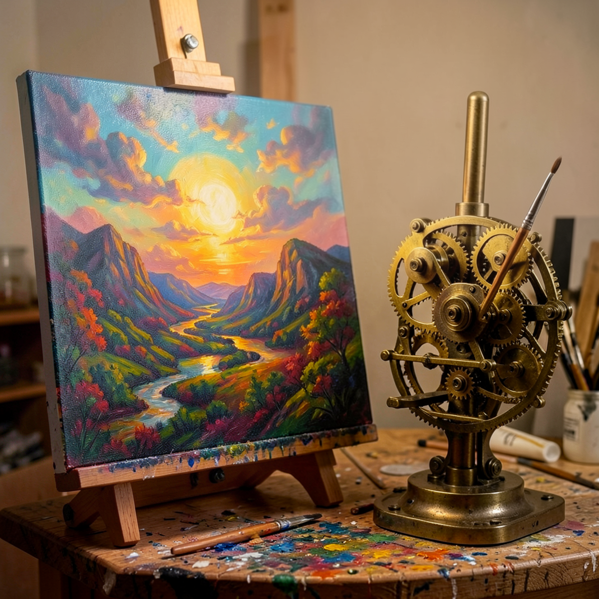 A mechanical hand holding a paintbrush creating a beautiful painting on a canvas, the painting vibrant and emotionally evocative, but behind the hand visible clockwork gears and mechanical components where a shoulder and body should be