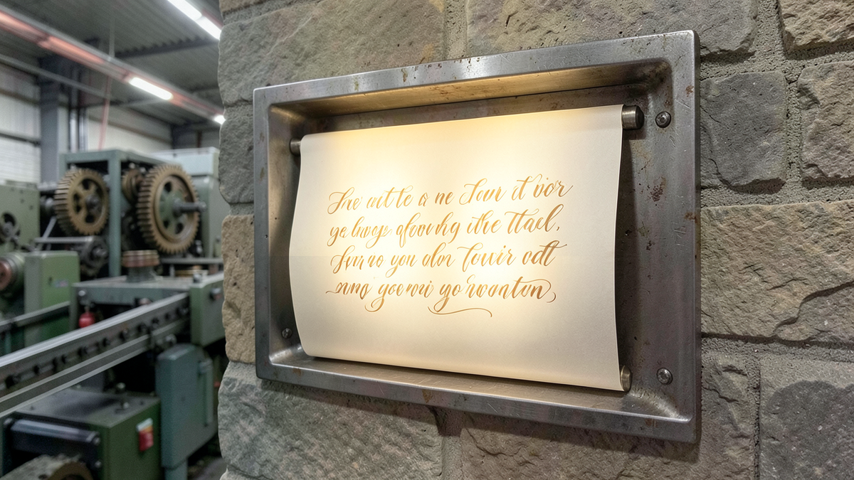 A beautiful poem written in flowing calligraphy emerging from a mechanical slot in a wall, the text elegant and moving, the mechanism behind the wall visible as purely industrial gears and conveyor belts