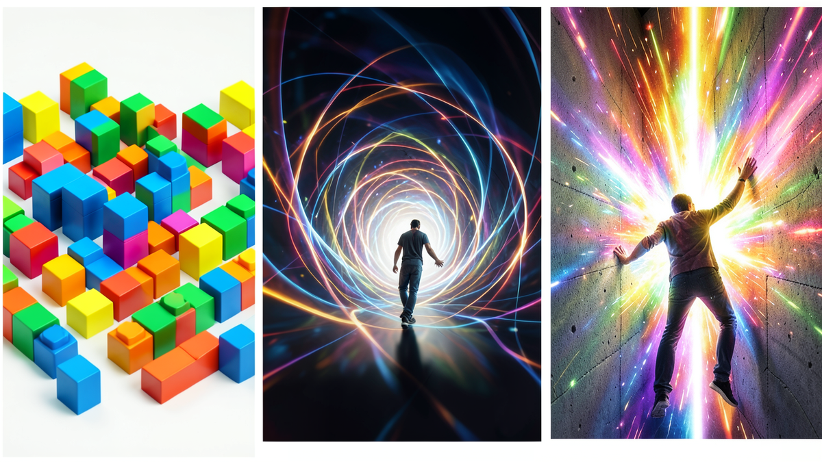 Three panels showing different levels of creative complexity: simple pattern blocks being rearranged on the left, a figure exploring corridors of a stylistic space in the middle, and a figure breaking through a wall into entirely new territory on the right