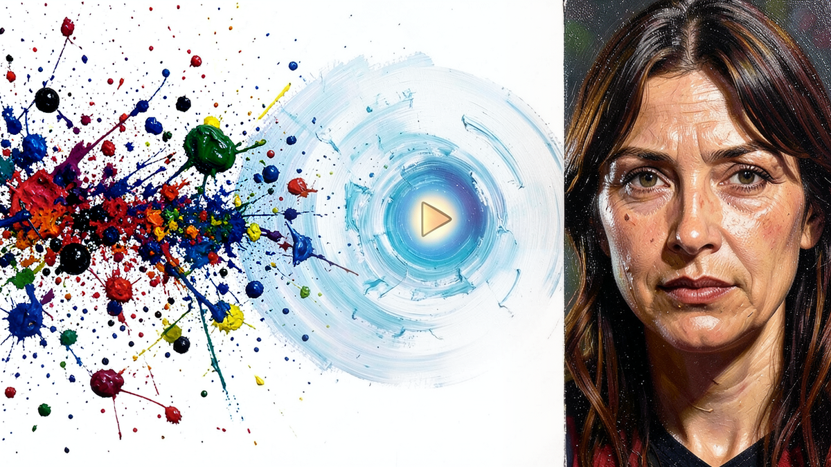 A spectrum from chaotic random marks on the left through increasingly structured and intentional-looking brushstrokes to a masterful painting on the right, with a glowing cursor positioned somewhere in the uncertain middle