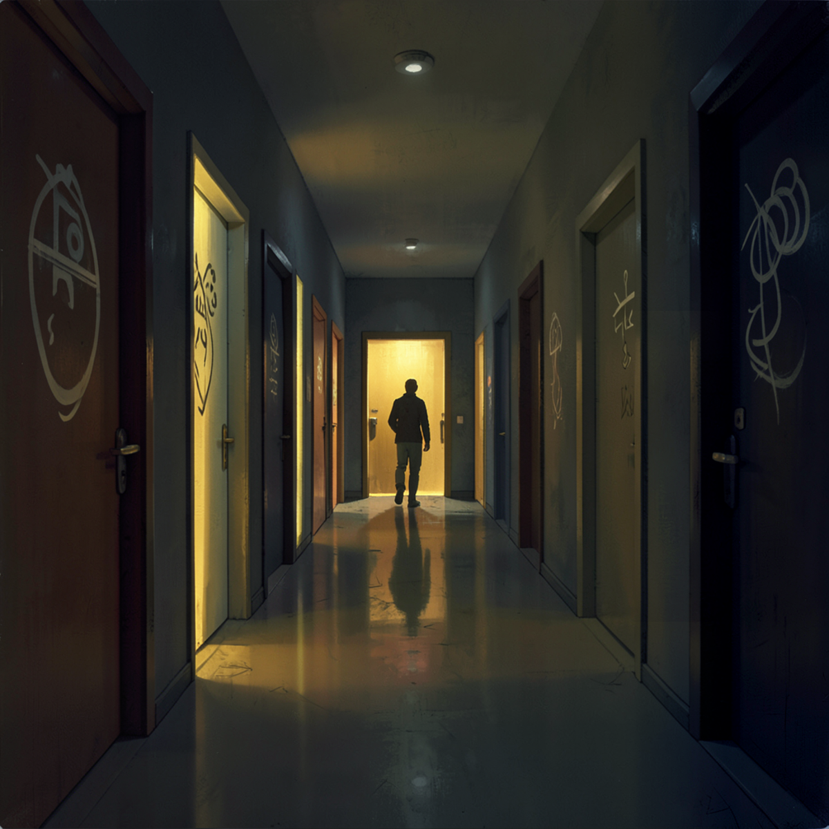 A long corridor with a series of doorways, each illuminated differently, some glowing with warm light and some dark, a solitary figure at the far end approaching the first door with uncertainty, the doors labeled with abstract symbols rather than words