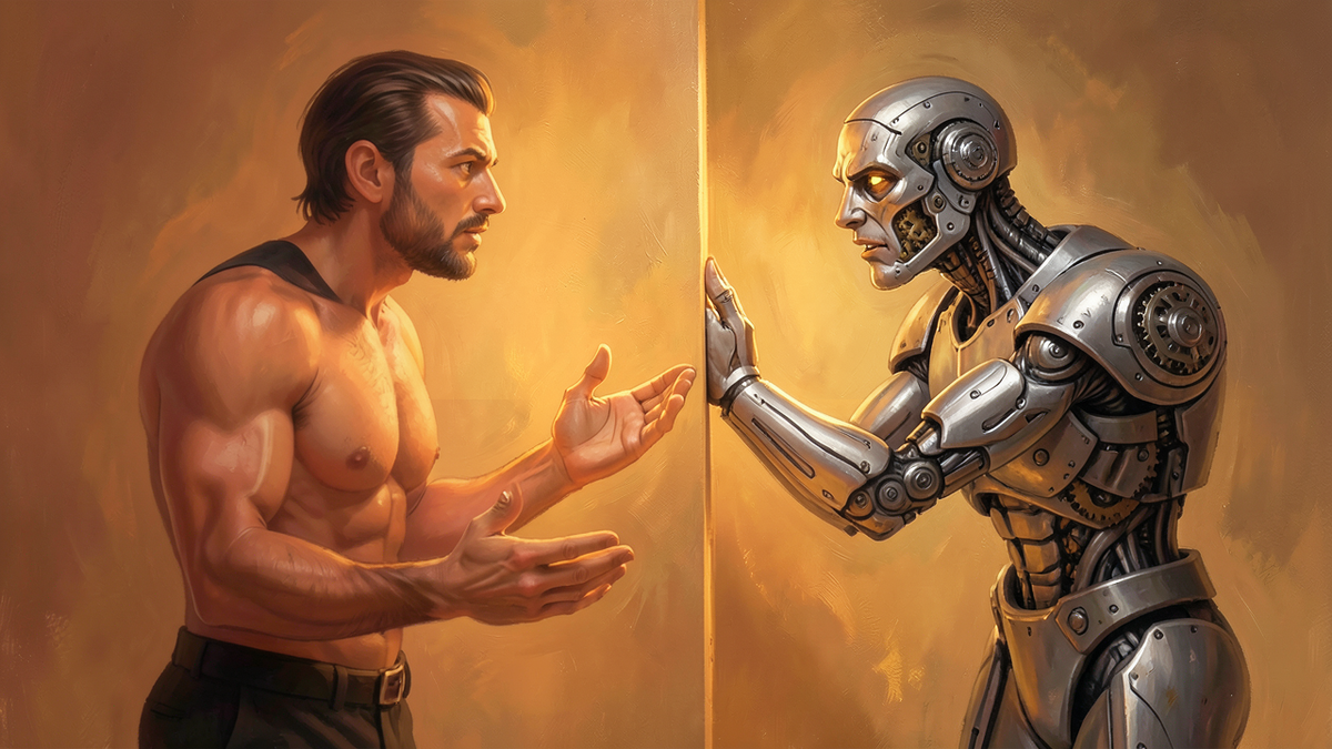 Two figures facing each other across a divide, one human and one mechanical, both performing identical gestures, an observer to the side unable to distinguish which is which, warm amber tones