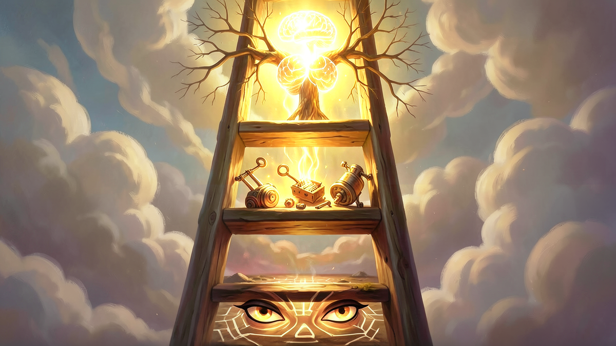 A three-tiered ladder reaching into clouds, with the bottom rung showing eyes observing patterns, the middle rung showing glowing levers and mechanical objects being manipulated, and the top rung showing a luminous mind surrounded by branching possible worlds