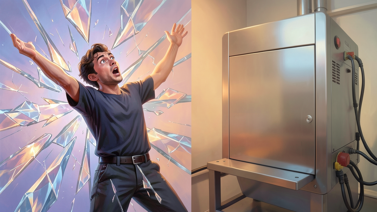 A figure encountering something unexpected, their posture conveying genuine surprise, surrounded by shattered expectations visualized as broken geometric patterns, contrasted with a machine encountering the same event with no visible reaction