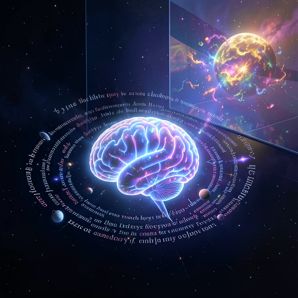 A disembodied brain floating in dark space surrounded by swirling words and symbols but no physical objects, isolated from a rich sensory world visible in the distance through a barrier