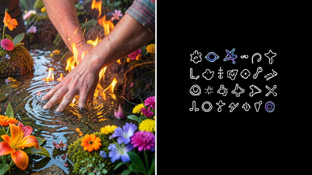 Two halves of an image: on the left, a figure interacting with a rich physical world of objects and sensations; on the right, the same concepts represented only as floating text and symbols in an empty void