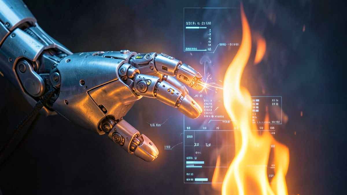 A robotic hand reaching toward a glowing flame, sensors on the fingertips registering data, the boundary between physical experience and data processing made visible