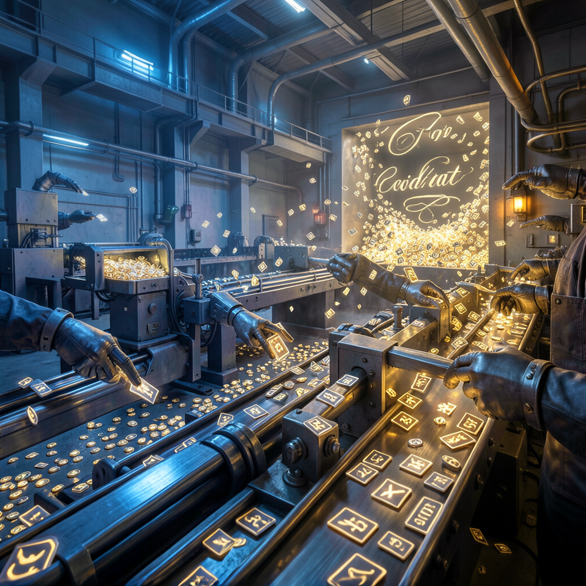 A vast room filled with billions of tiny symbol cards being shuffled and recombined by mechanical hands at impossible speed, the output slot producing elegant flowing text while the interior remains purely mechanical and industrial