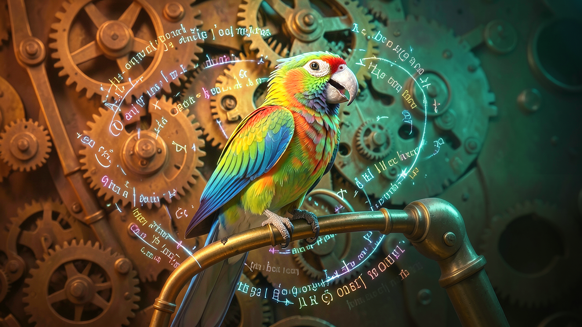 A colorful parrot perched on a mechanical arm surrounded by swirling text and symbols, the parrot speaking eloquently while the mechanism behind it is visible as purely mechanical gears and springs