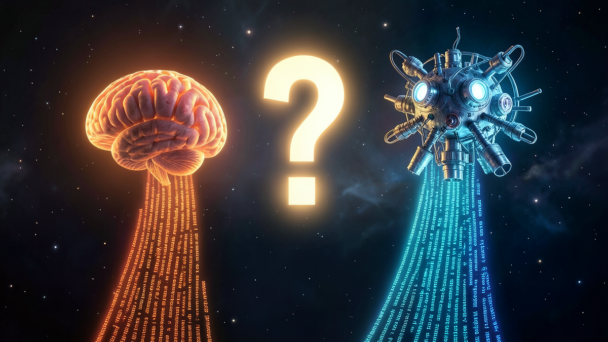 A large question mark hovering between a human brain and a glowing machine, both producing identical streams of text, an observer looking at the outputs unable to distinguish their source
