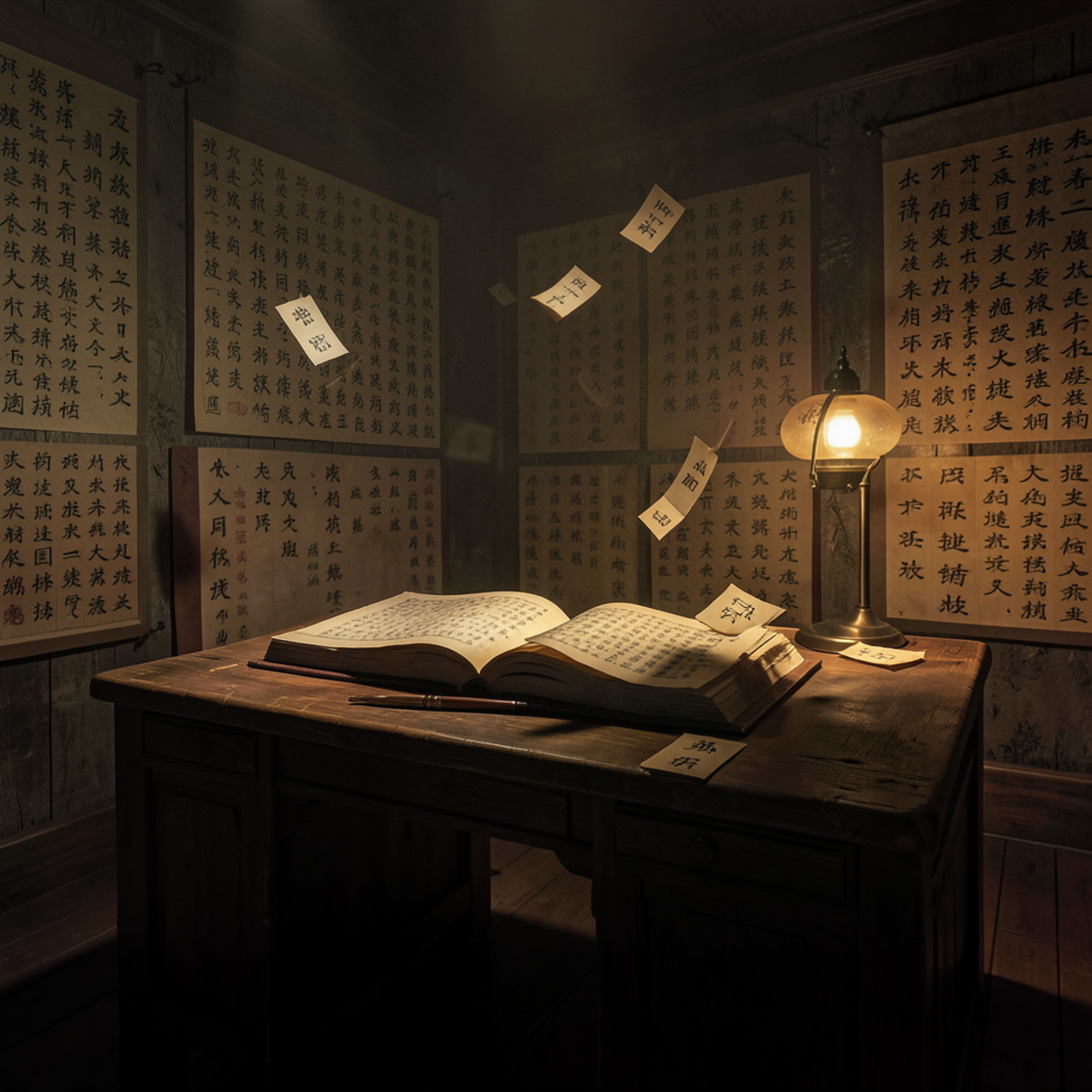 A person sitting alone in a dimly lit room surrounded by walls covered in Chinese characters, meticulously copying symbols from a large rulebook, the characters flowing around them but clearly not comprehended, warm lamplight casting shadows