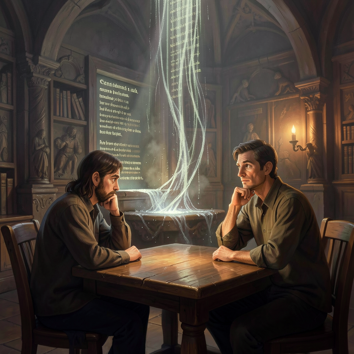 A solitary figure seated at a table across from a large mysterious room, the room's output slot glowing with flowing text, the figure resting their chin on their hand in thoughtful uncertainty, neither adversarial nor trusting, warm contemplative lamplight