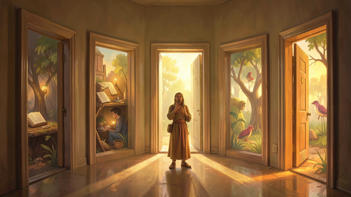 Five doorways arranged in a semicircle, each opening onto a different scene representing language, grounding, creativity, trust, and criteria, all the paths converging toward a single central figure standing in contemplation, warm golden tones