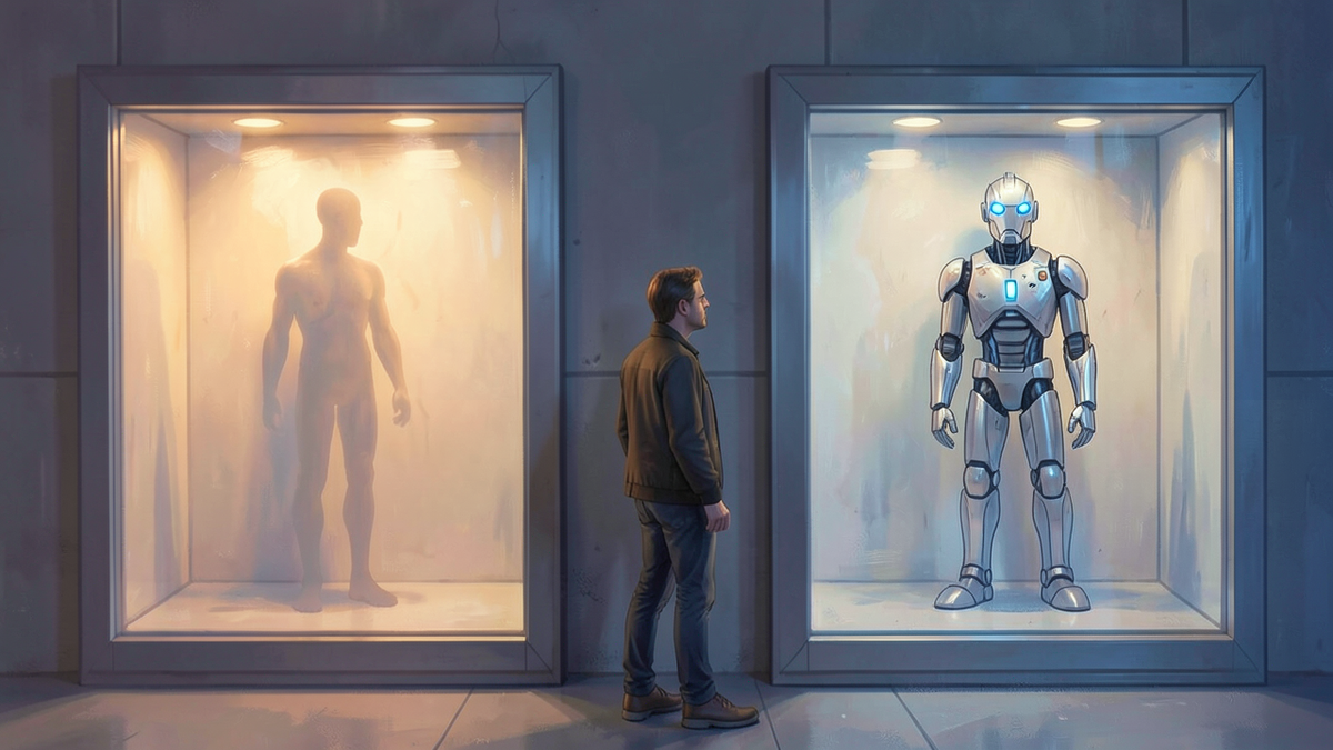 Two identical sealed rooms side by side, one labeled with a subtle human silhouette and one with a mechanical silhouette, an observer standing between them looking at both, unable to see inside either, symbolizing the problem of other minds