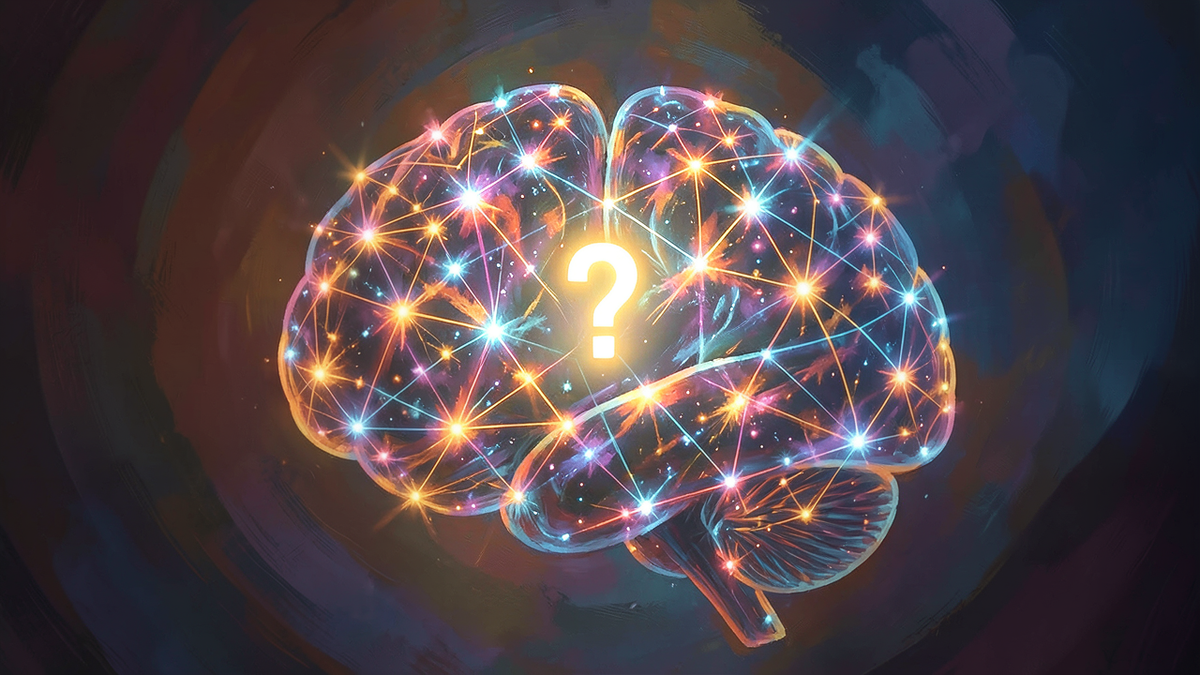 A human brain rendered as a vast intricate network of glowing nodes and firing signals, with a small luminous question mark suspended at its center, suggesting the mystery of how mechanism becomes understanding, warm and cool tones blending