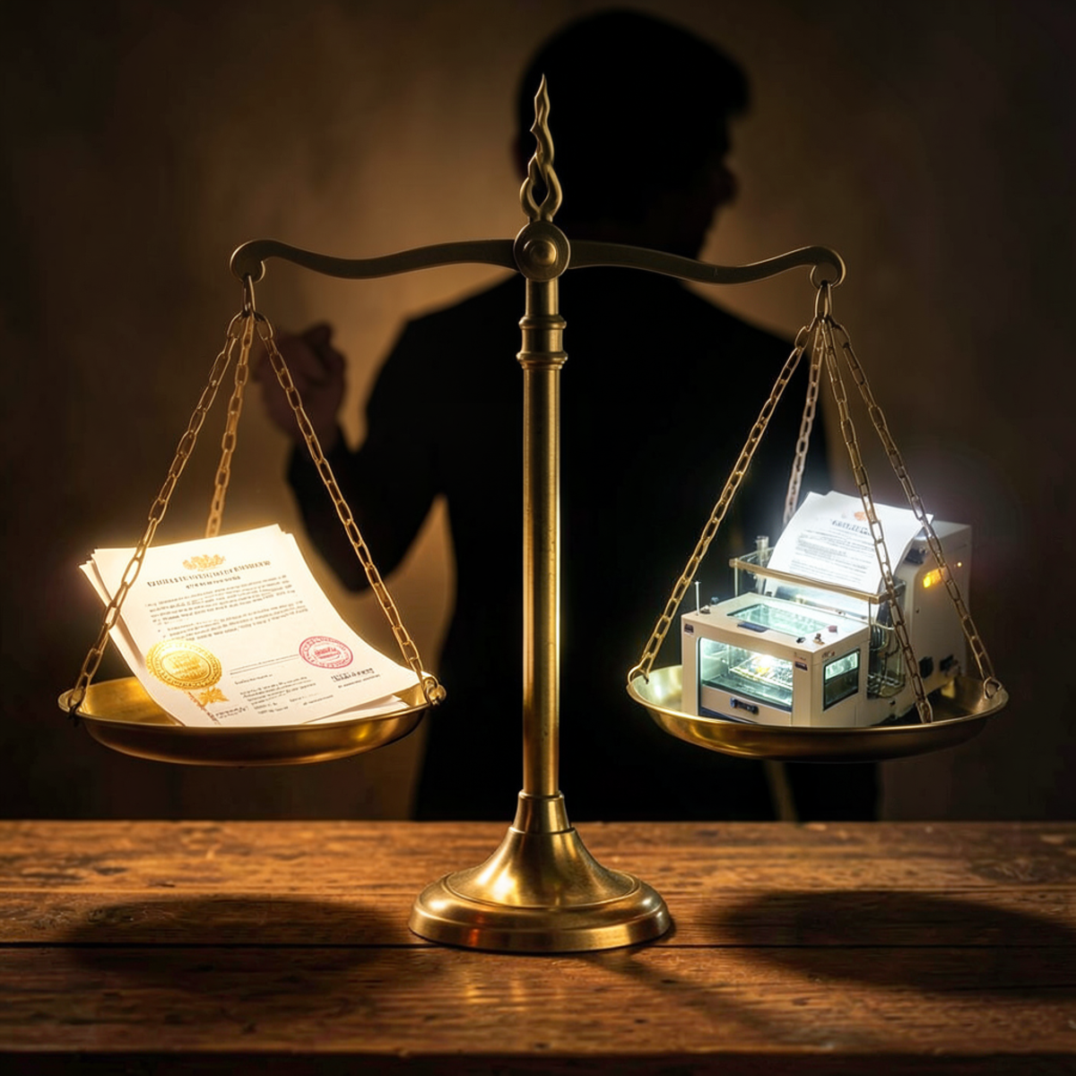 A balance scale with documents and official seals on one side and a glowing machine producing identical-looking documents on the other, a figure deliberating between them unable to distinguish which is genuine