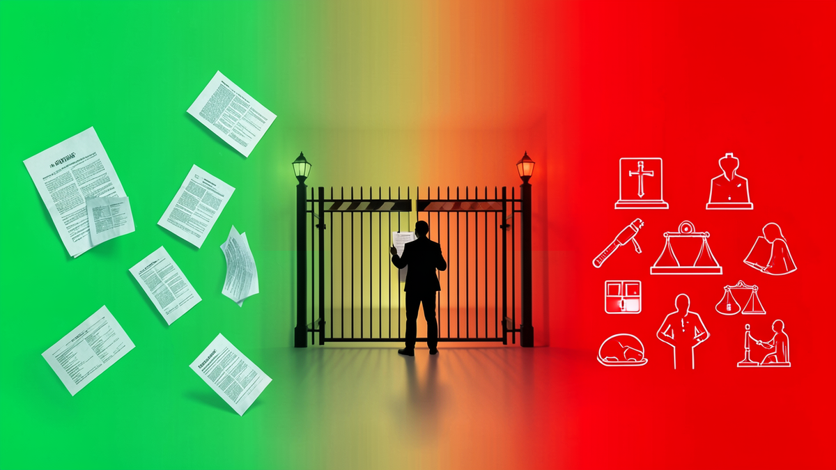 A gradient from green to red showing different levels of risk: casual documents on the safe green end, medical and legal decisions on the dangerous red end, with a human reviewer positioned as a checkpoint between the machine output and the high-stakes zone