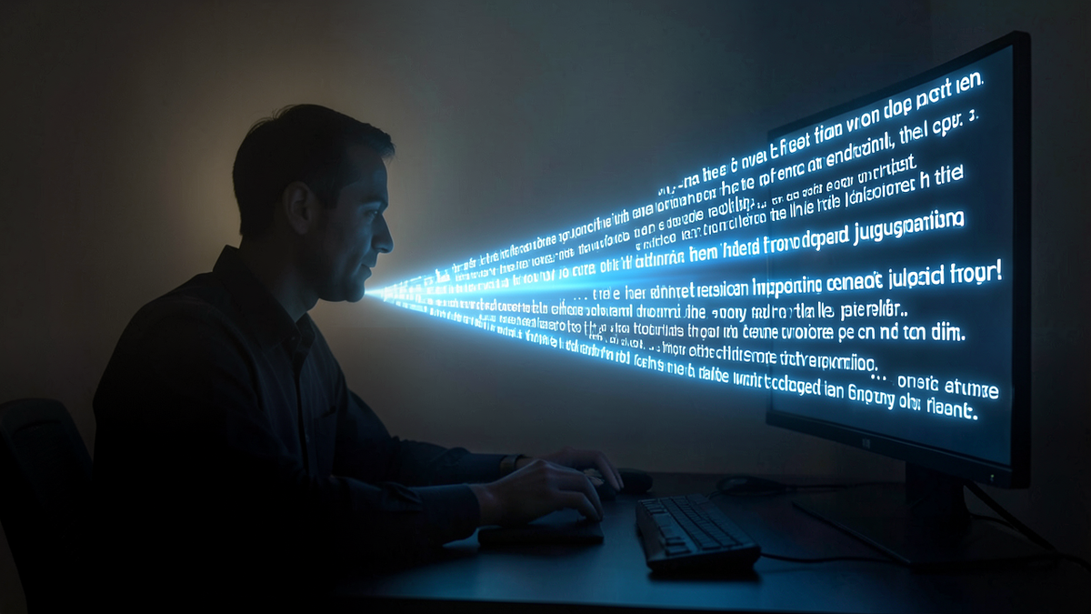 A person nodding along to a stream of confident polished text from a machine, their own judgment fading into shadow as automation bias takes hold, the machine output glowing persuasively