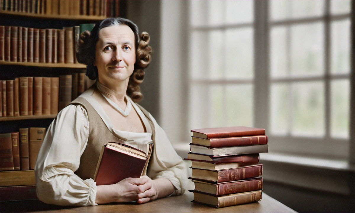 Portrait of 18th century philosopher with books in classical academic setting