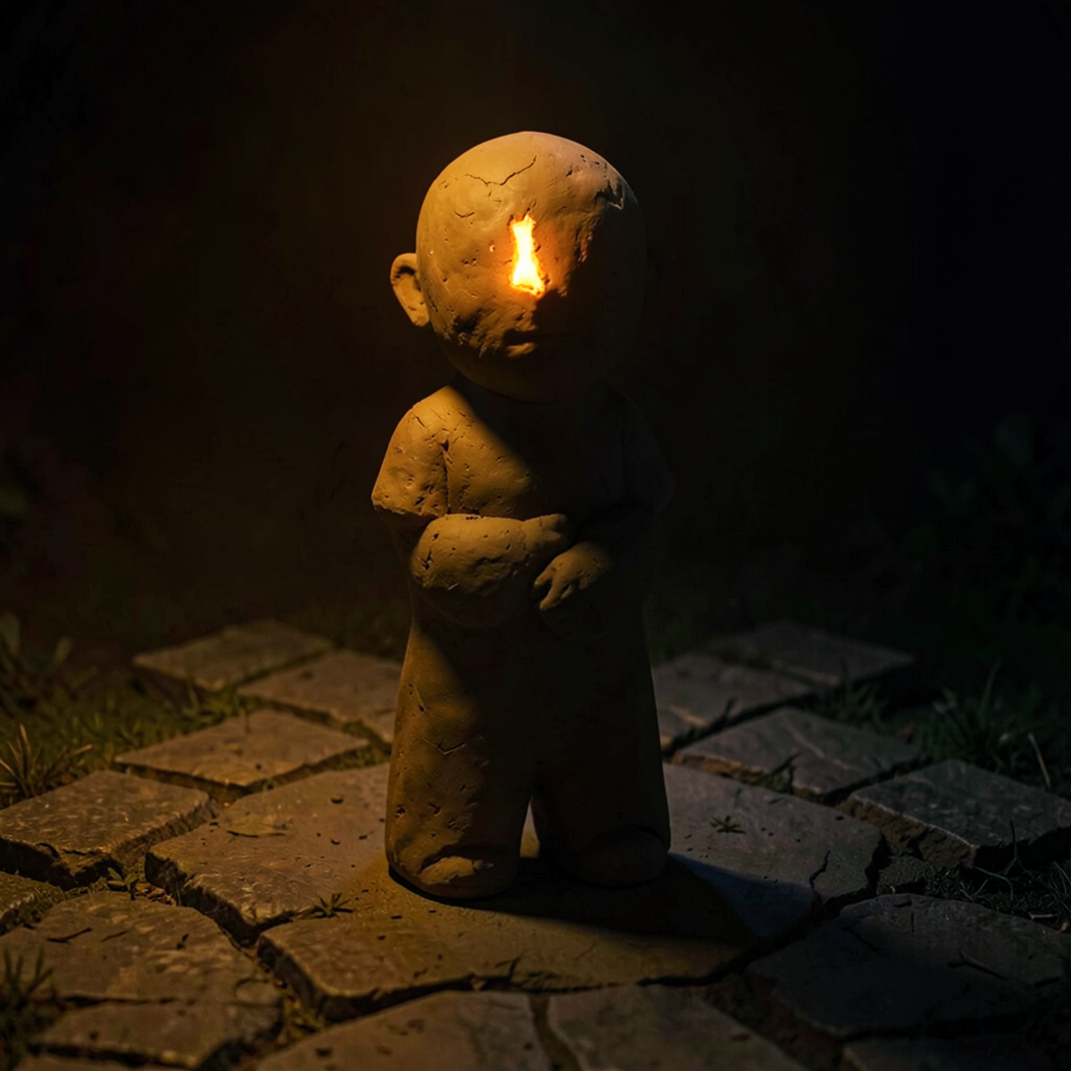A rough clay figure with a glowing mark on its forehead, one side illuminated in warm amber and the other in shadow, standing at a crossroads of two diverging paths, representing the tension between intended and actual behavior