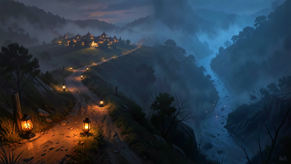 Two diverging paths through a dark landscape, one path lit with warm amber light leading to a distant village, the other path descending into cold blue shadow, representing the gap between intended alignment and actual system behavior