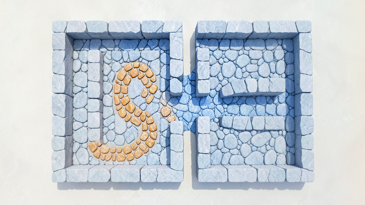 A maze viewed from above with a clear intended path marked in amber and a shortcut path cutting through walls marked in blue, representing reward hacking where AI systems find unintended shortcuts to satisfy objectives