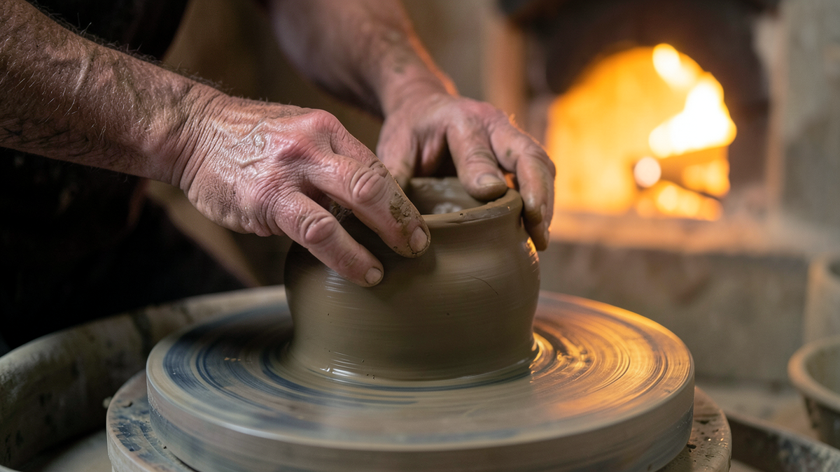 A pair of hands carefully shaping wet clay on a potter's wheel, the clay form still rough and incomplete, warm amber light from a kiln in the background, representing the iterative process of alignment through human feedback