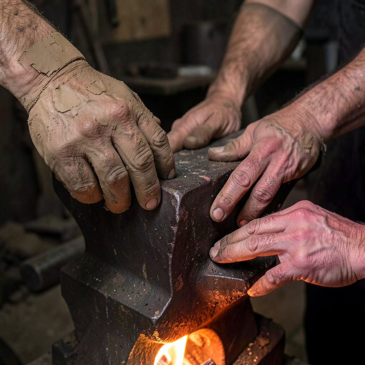 Large clay hands working at an anvil alongside smaller human hands, the clay hands tireless and mechanical while the human hands show wear, warm forge light illuminating both