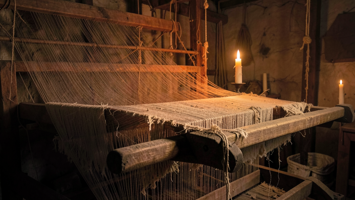 A large wooden loom in a dim workshop with threads stretching from it in all directions, some threads cut and fraying, representing the disruption of skilled labor by mechanization