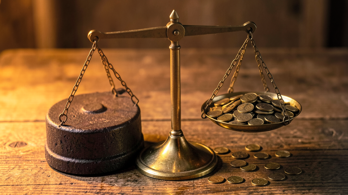 A balance scale with a heavy weight on one side and many small scattered objects on the other side barely lifting, representing the imbalance between concentrated automation gains and distributed worker impact