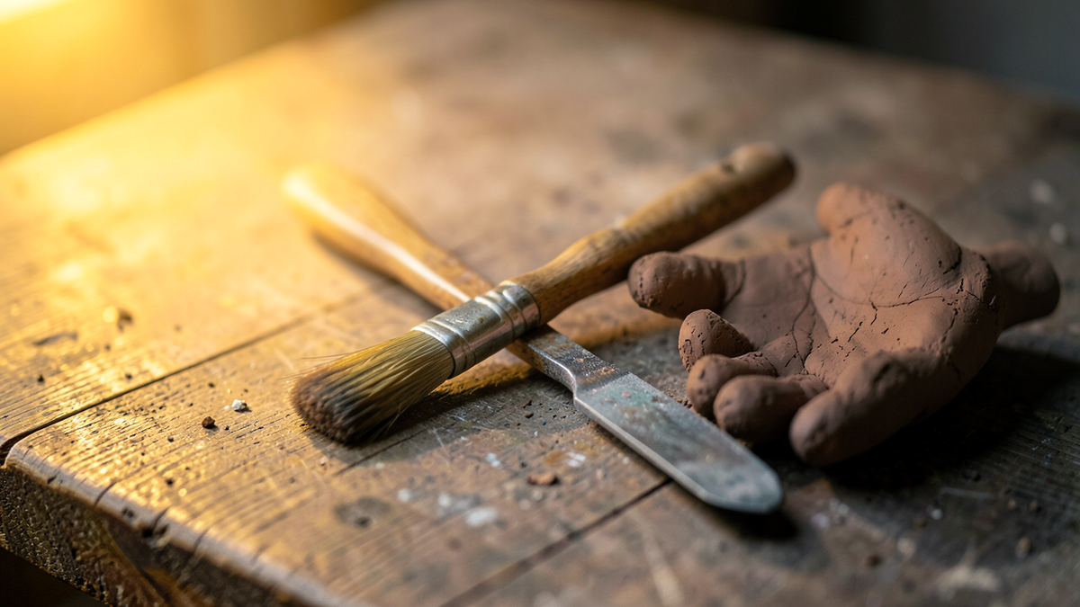 A paintbrush and a chisel lying crossed on a workbench next to a rough clay hand, warm amber light, representing the tension between human creative tools and automated production