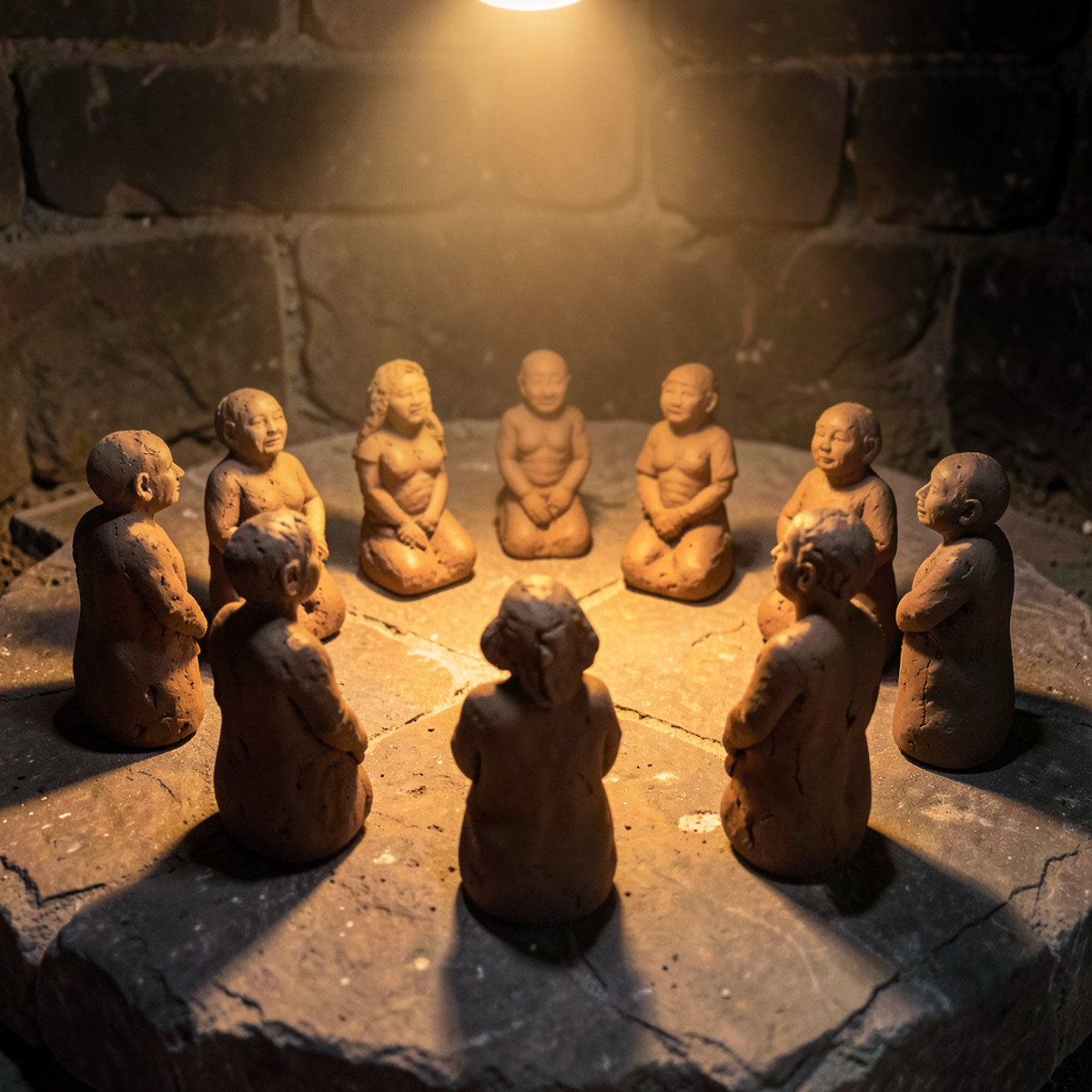 Multiple rough clay figures of different sizes arranged in a circle on a stone workshop floor, each figure facing inward as if in collaboration, warm amber light from above