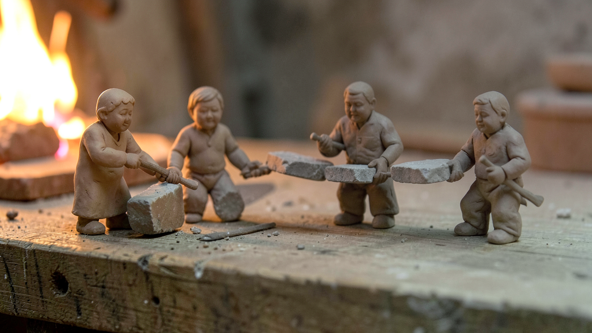 A workshop scene with several clay figures passing objects between them in a chain, each figure performing a different task, warm forge light illuminating the scene