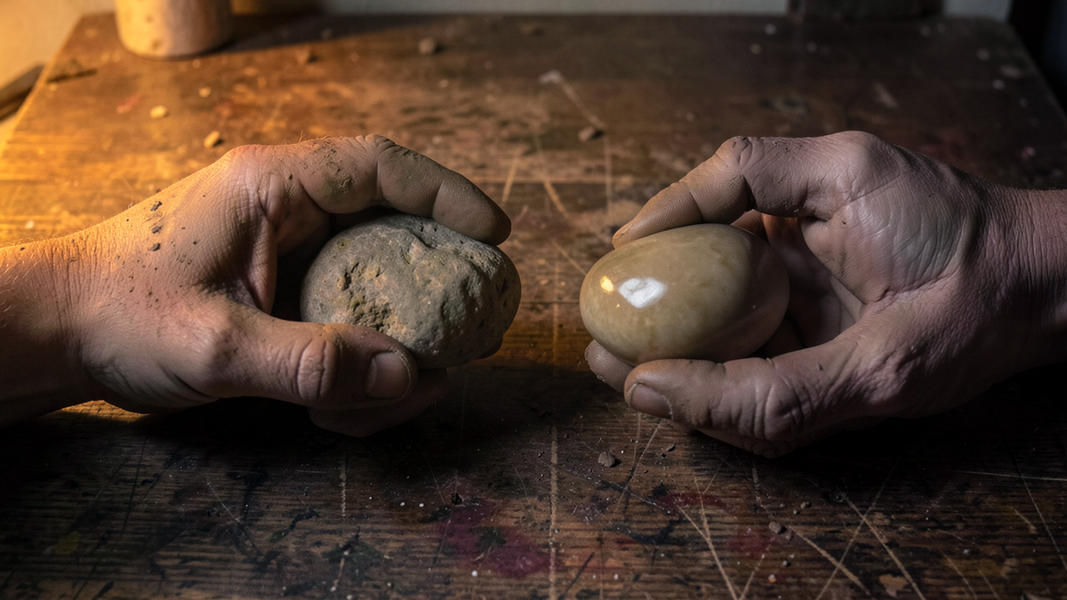 Two rough clay hands reaching toward each other across a workbench, one holding a rough stone and the other holding a polished version of the same stone, representing mutual refinement