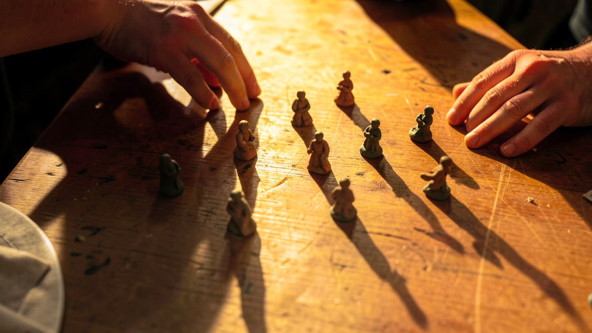 A pair of human hands visible at the edges of the frame, arranging small clay figures on a wooden table like pieces on a board, representing the potter as orchestrator rather than sculptor