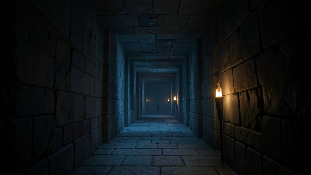 A long stone corridor stretching into the distance with a small figure barely visible at the far end, representing the moral distance between creators and the consequences of their creations