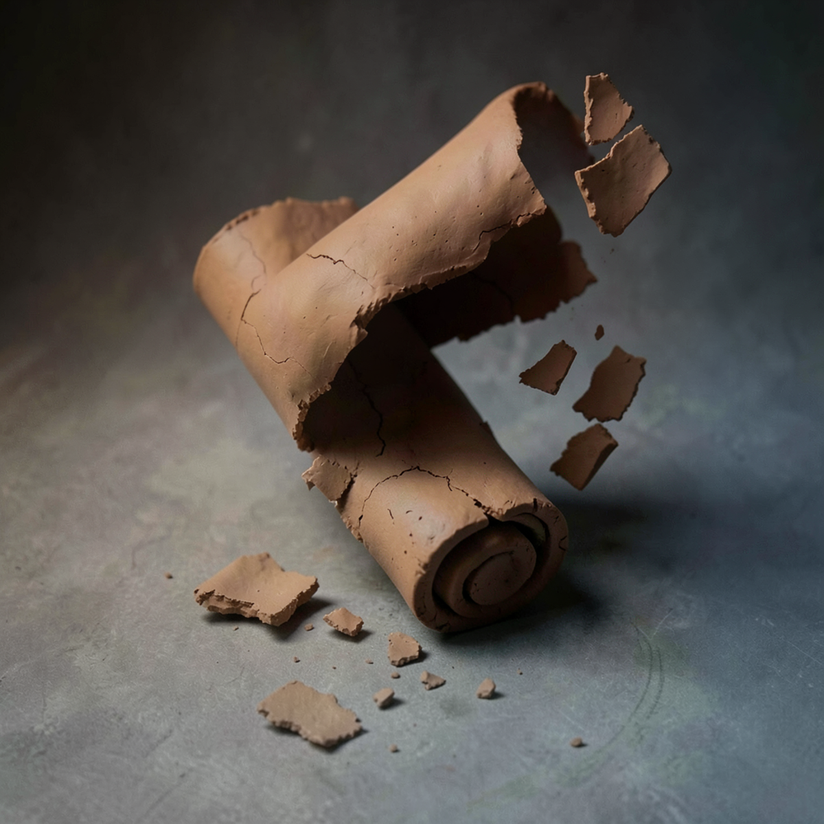 A clay scroll unraveling into fragmented pieces, each fragment drifting further from the original, representing how intent degrades through successive translations from need to specification to code